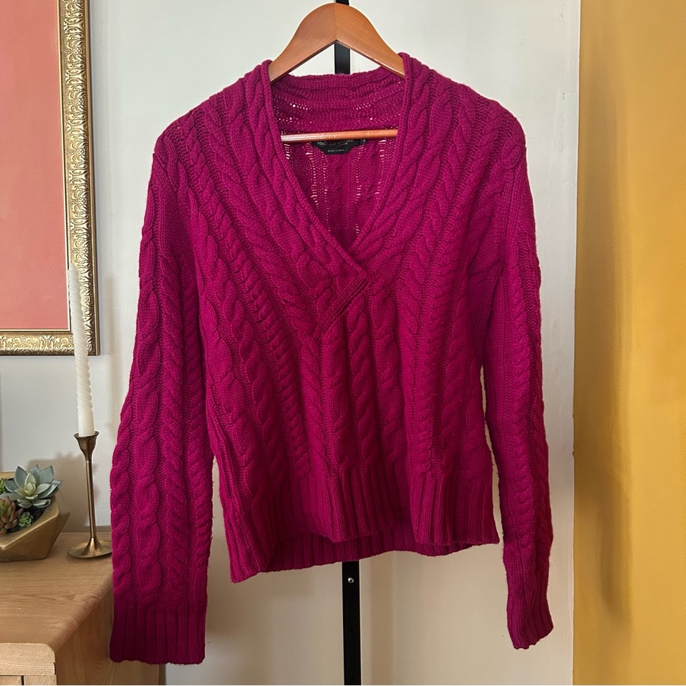 Adrienne Vittadini 100% Cashmere V-Neck Cable Knit Sweater Berry‎ Pink Small